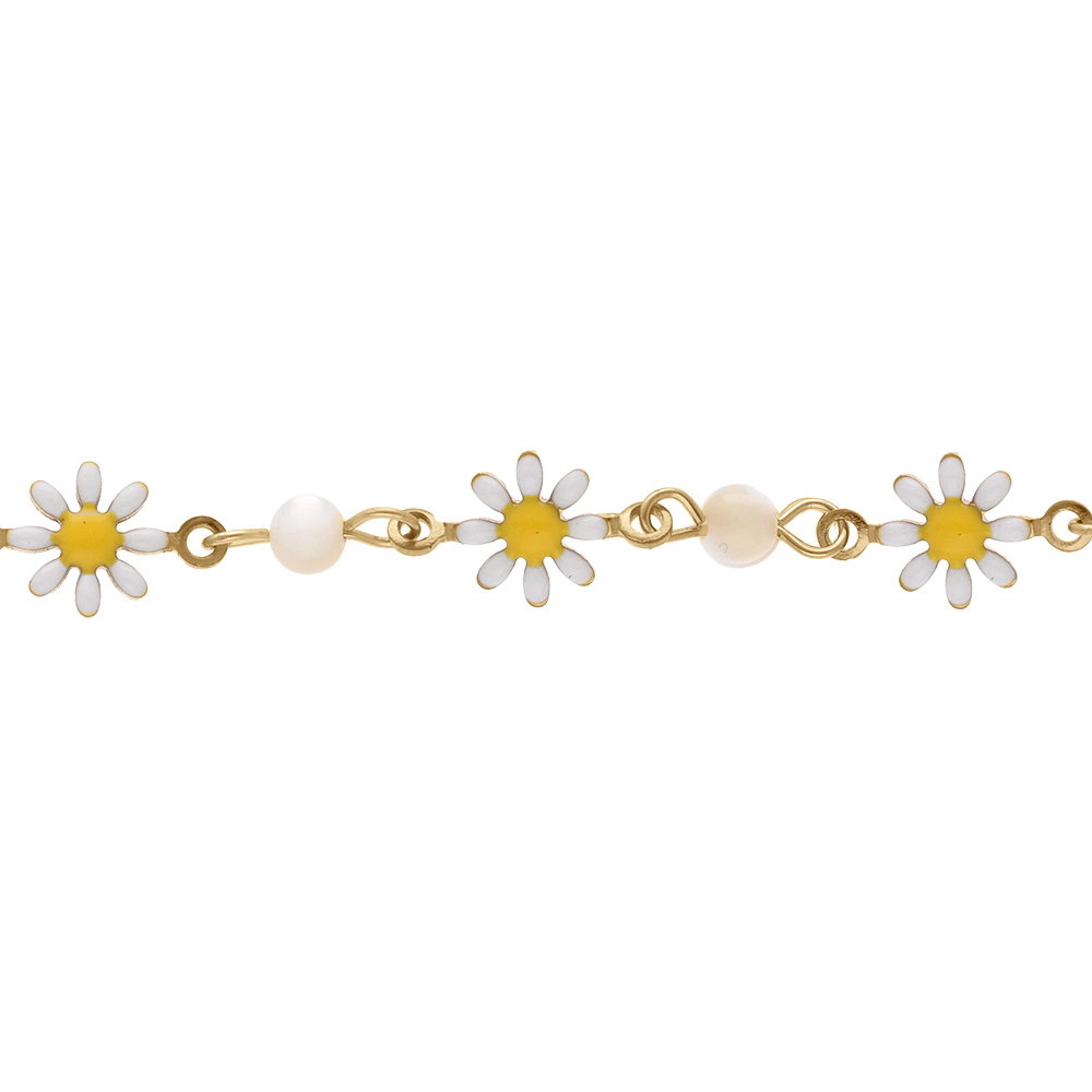 Bracelet en acier dor� avec fleurs r�sine et boules nacre blanche v�ritable - 16+3cm - Vue 1