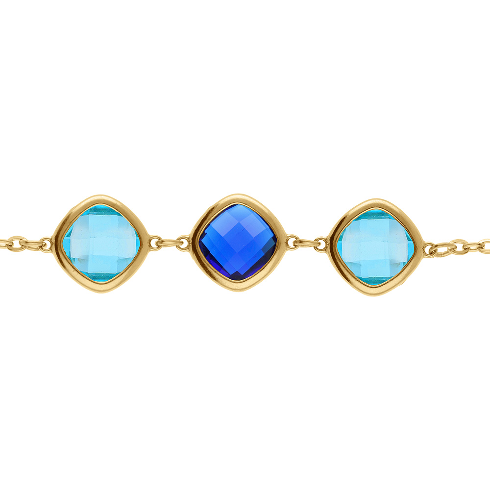 Bracelet en acier dor� avec oxydes carr�s bleu ciel et bleu fonc� - 17+2cm - Vue 1