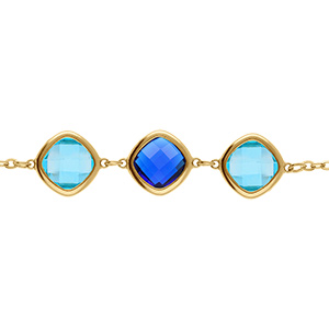 Bracelet en acier dor� avec oxydes carr�s bleu ciel et bleu fonc� - 17+2cm