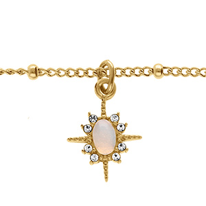 Bracelet en acier dor� avec pampille perle ovale imitation et contour d'oxydes blancs  - 16+3cm