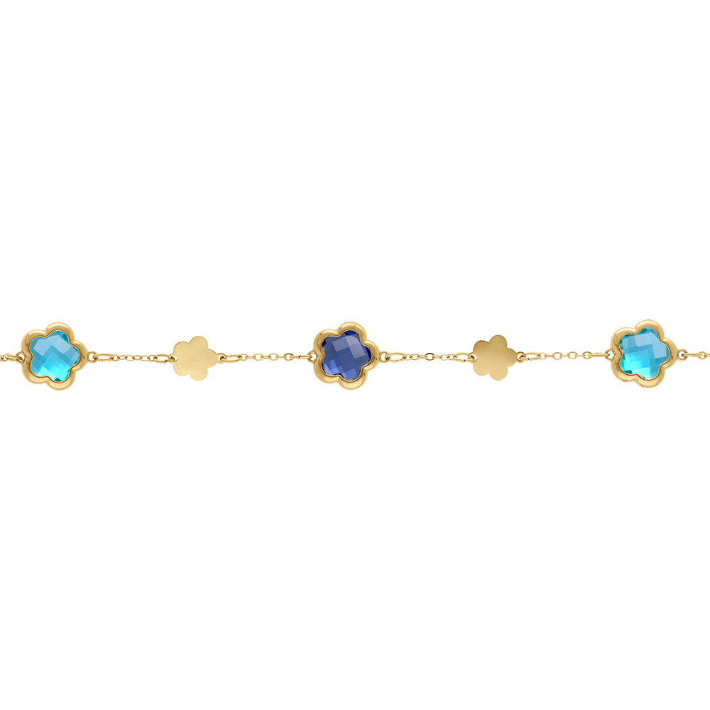 Bracelet en acier dor� avec pastilles de fleurs dor�es et oxydes forme fleur bleus - 16+3cm - Vue 1