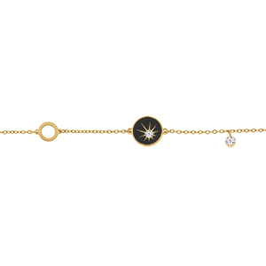 Bracelet en acier dor avec rondelle de rsine noire et un  oxyde blanc etoil - 16+3cm - Vue 1