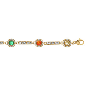 Bracelet en acier dor� avec ronds d'oxydes color�s entour�s d'oxydes blancs et de barrettes oxydes blancs - 17.5+5cm