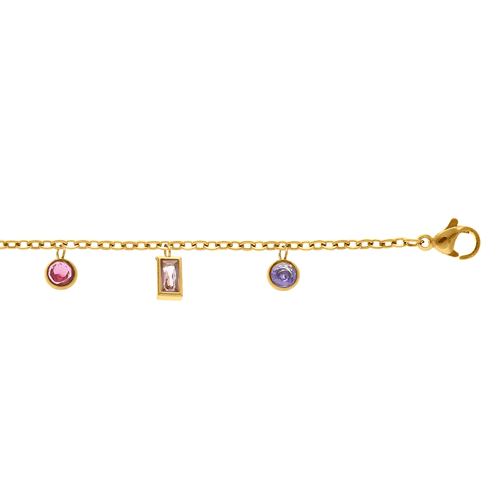 Bracelet en acier dor� avecoxydes multi couleurs sertis clos -16+3cm - Vue 1