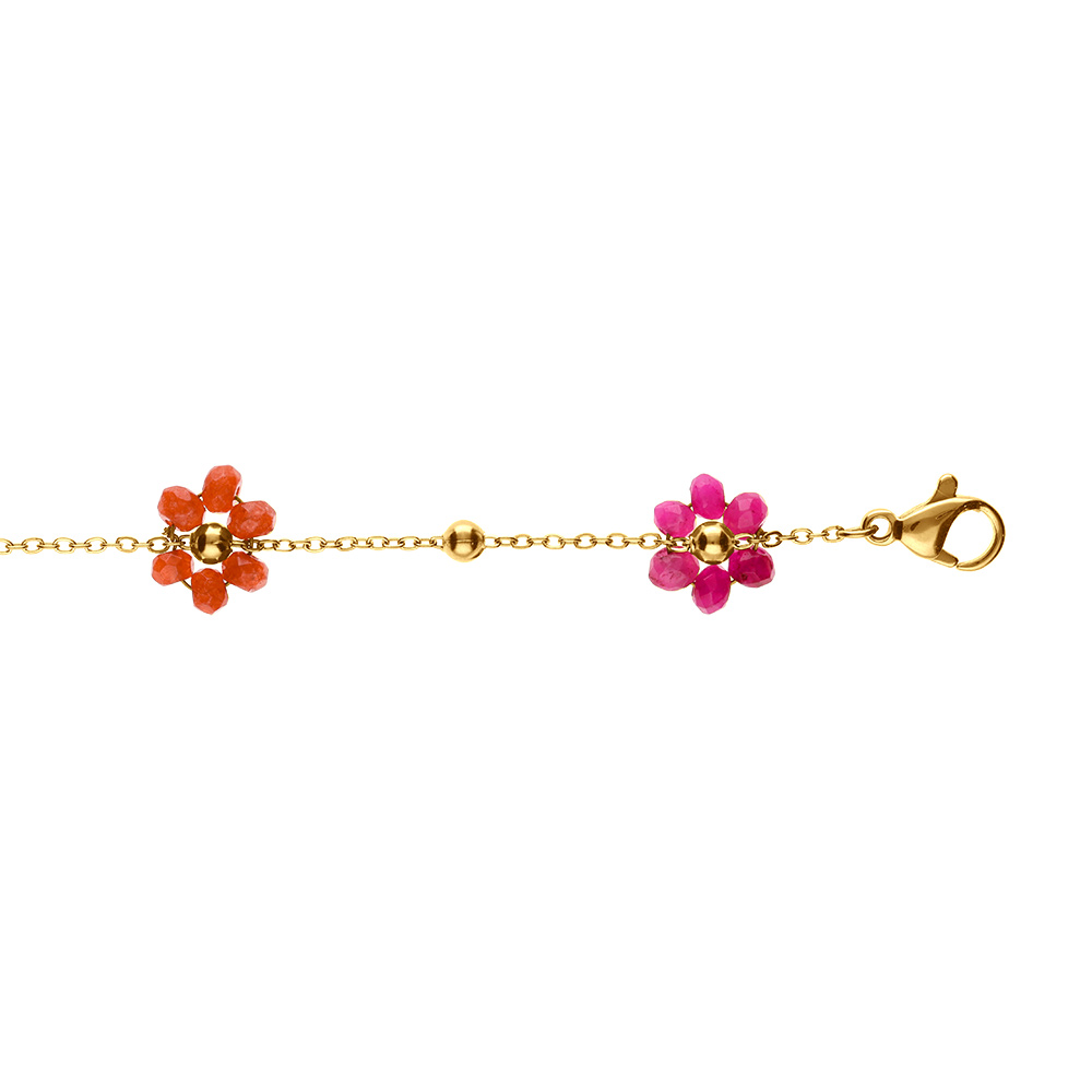 Bracelet en acier dor� cha�ne boules et fleurs multi couleurs 16+3cm - Vue 1