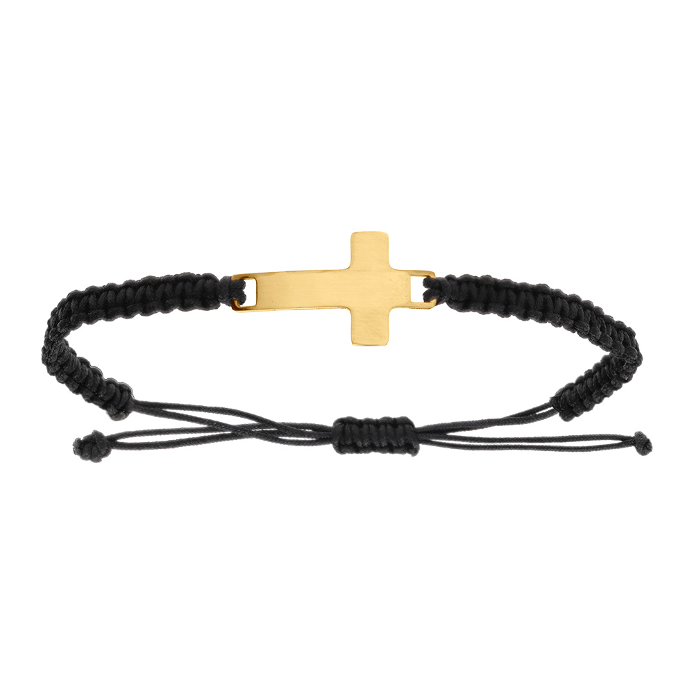 Bracelet en acier dor� croix 25mm cordon noir coulissant - Vue 1