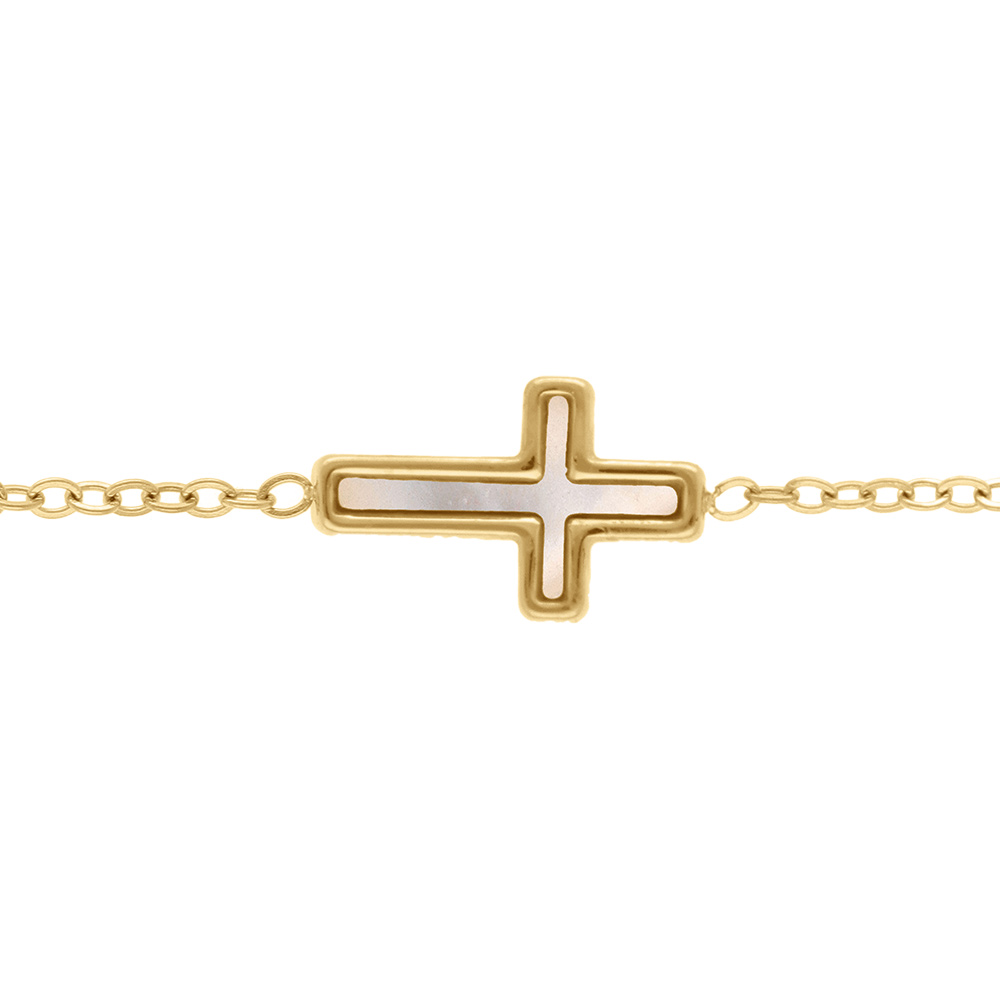 Bracelet en acier dor� croix nacre imitation - 16+3cm - Vue 1