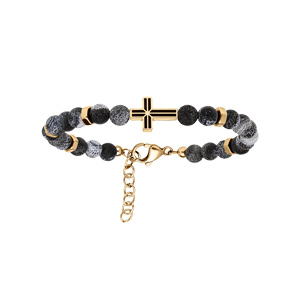 Bracelet en acier doré de boules agate grise avec croix - 19+2cm - Vue 1