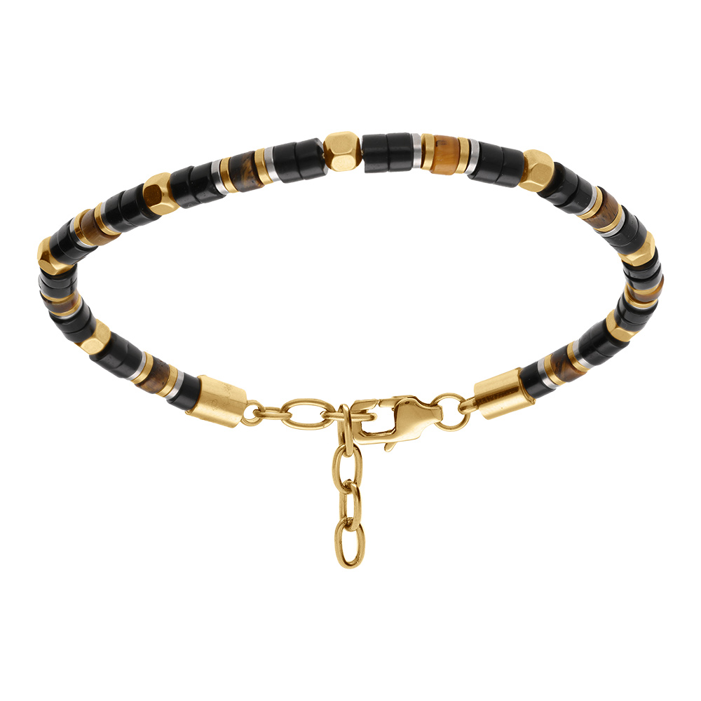 Bracelet en acier dor� de boules agate noir et oeil de tigre - 19+3cm - Vue 1
