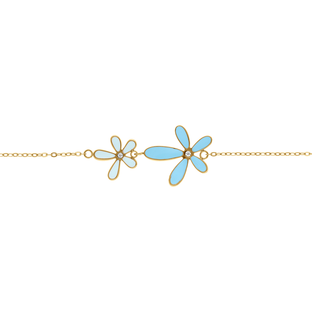 Bracelet en acier dor� deux fleurs en r�sine bleu - 16+3cm - Vue 1