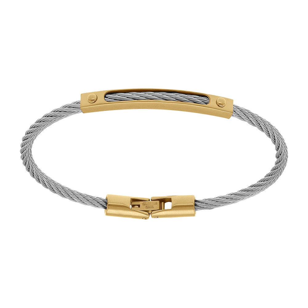 Bracelet en acier dor� et c�ble gris - Vue 1