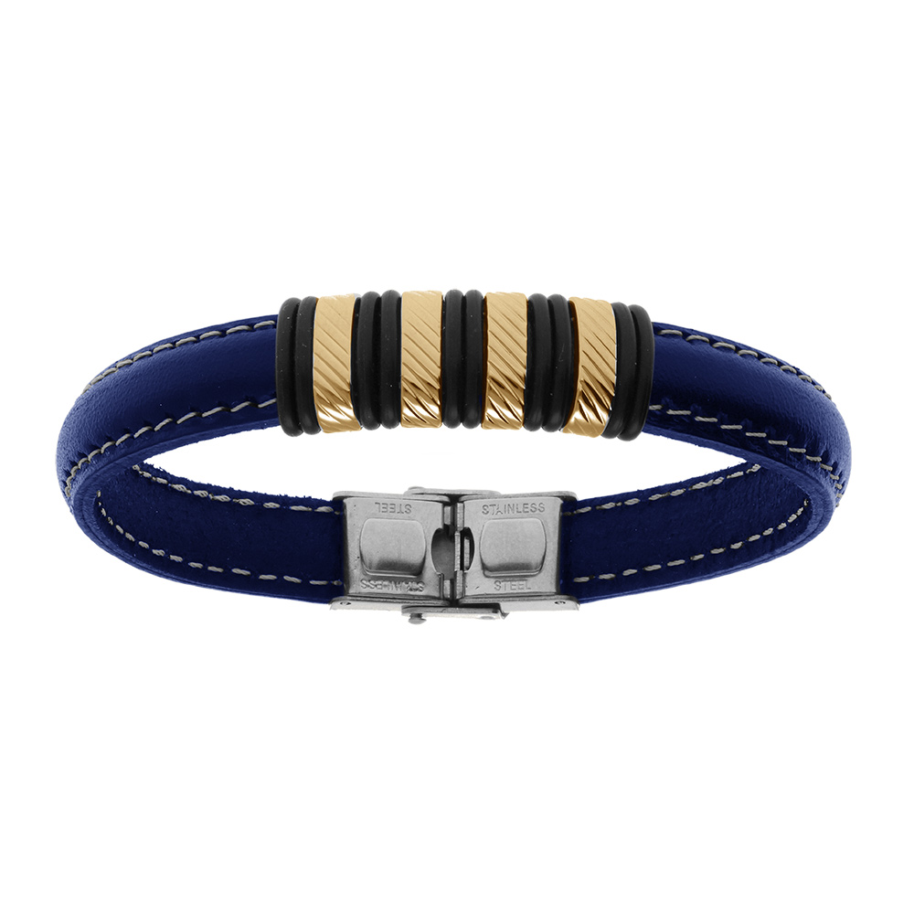 Bracelet en acier dor� et cuir bovin bleu - 21.5cm r�glable - Vue 1