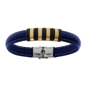 Bracelet en acier doré et cuir bovin bleu - 21.5cm réglable - Vue 1