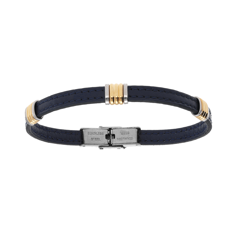 Bracelet en acier dor� et cuir bovin bleu - 21cm r�glable - Vue 1