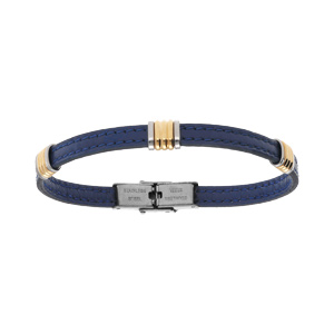 Bracelet en acier doré et cuir bovin bleu - 21cm réglable - Vue 1