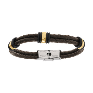 Bracelet en acier doré et cuir bovin deux rangs tressé marron - 21cm réglable - Vue 1