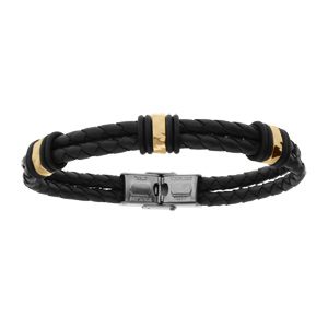 Bracelet en acier doré et cuir bovin deux rangs tressé noir - 21cm réglable - Vue 1