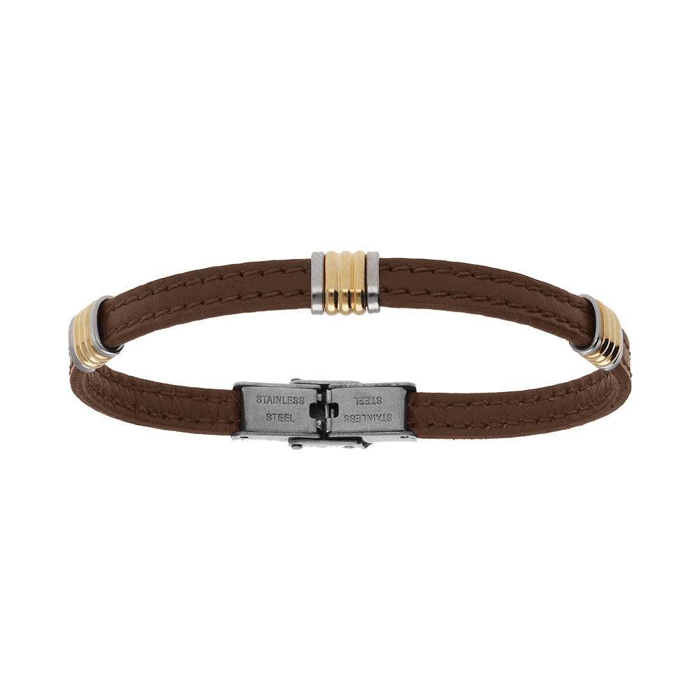 Bracelet en acier dor� et cuir bovin marron - 21cm r�glable - Vue 1