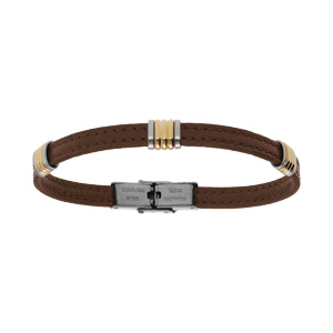Bracelet en acier doré et cuir bovin marron - 21cm réglable - Vue 1