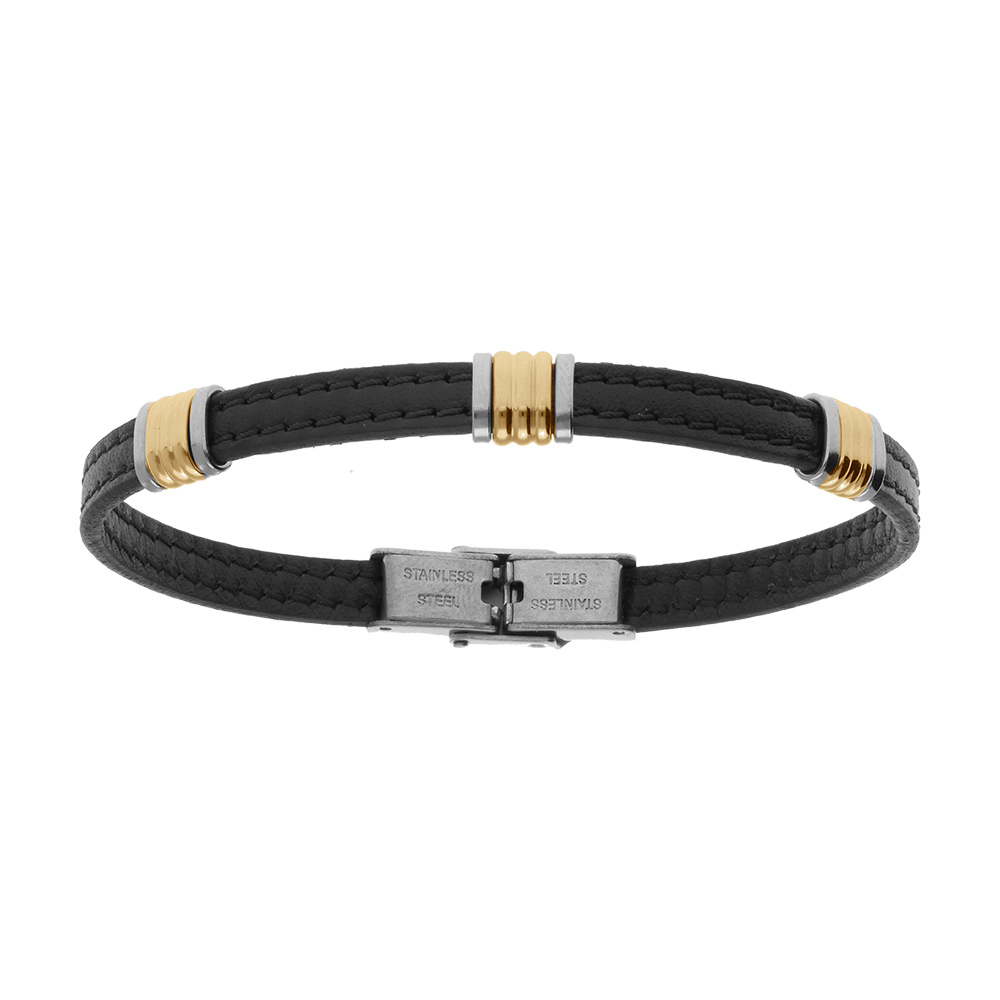Bracelet en acier dor� et cuir bovin noir  - 21cm r�glable - Vue 1