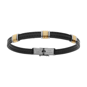 Bracelet en acier doré et cuir bovin noir - 21cm réglable - Vue 1