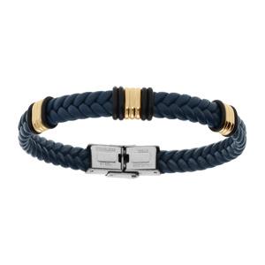 Bracelet en acier doré et cuir bovin tressé bleu - 21cm réglable - Vue 1