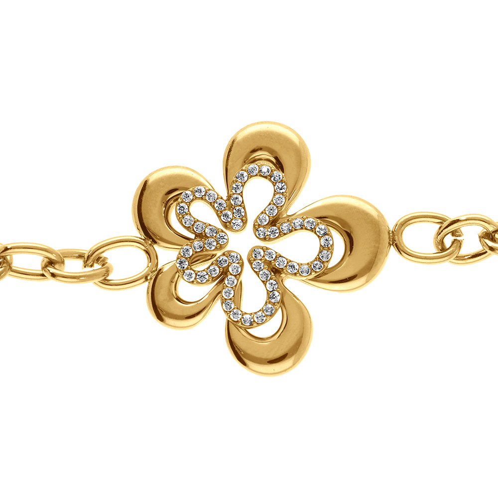 Bracelet en acier dor� fleur avec oxydes blancs - 17+3cm - Vue 1