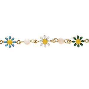 Bracelet en acier doré fleurs résine multi couleurs et boules nacre blanche véritable - 16+3cm - Vue 1