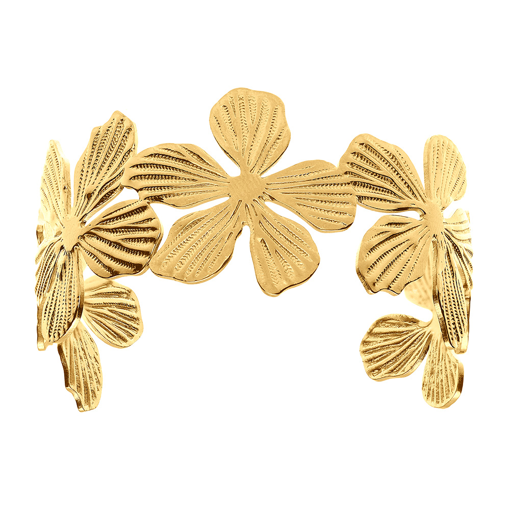 Bracelet en acier dor� jaune rigide ouvert avec fleurs - Vue 1