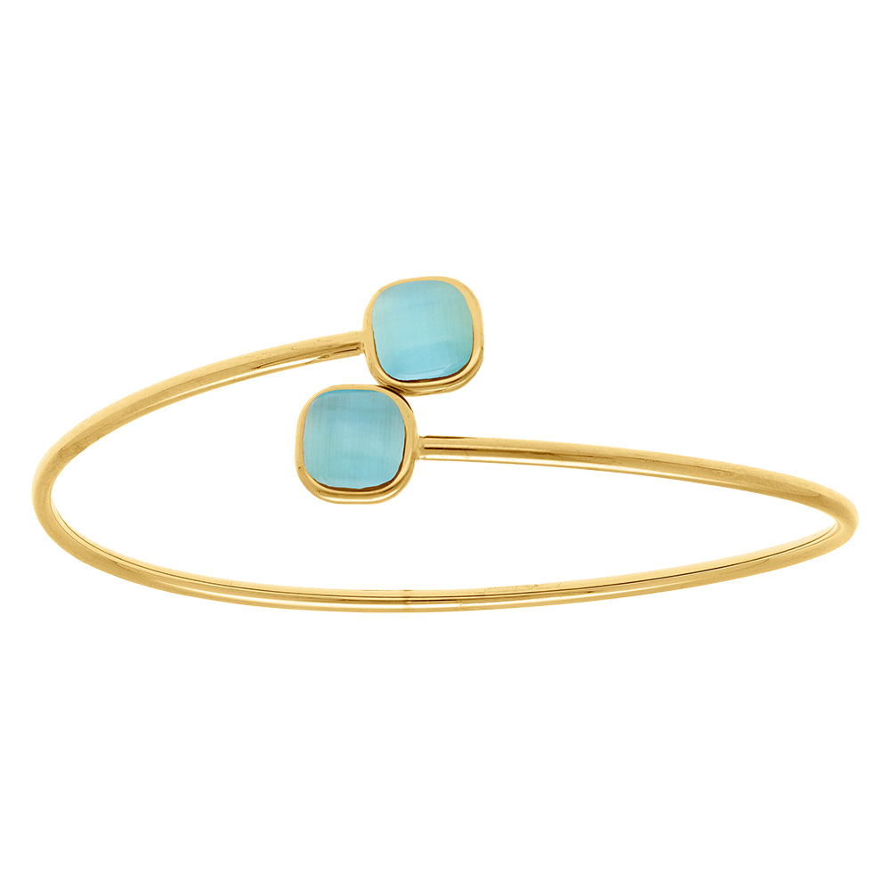 Bracelet en acier dor� jonc ouvert deux carr�s bleus  imitation oeil de chat   - 62mm - Vue 1
