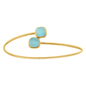 Bracelet en acier dor� jonc ouvert deux carr�s bleus  imitation oeil de chat   - 62mm