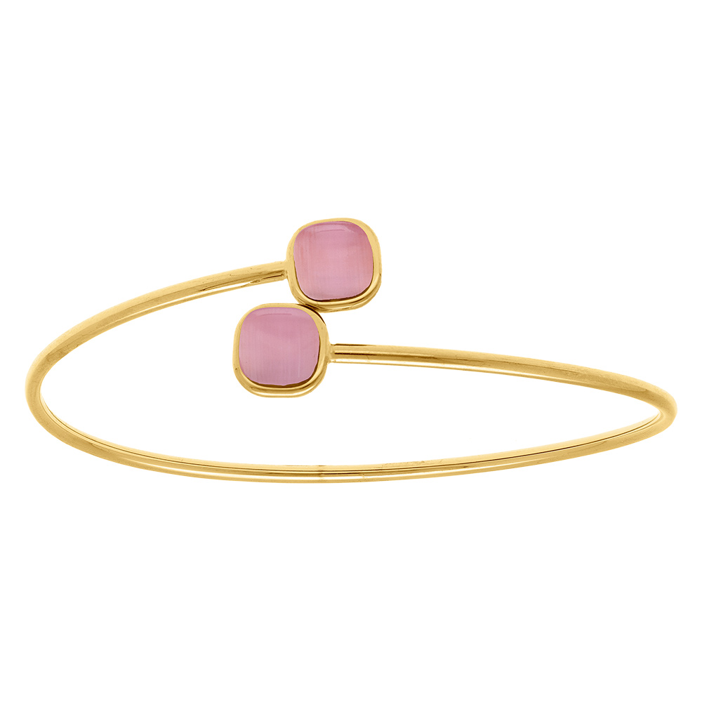Bracelet en acier dor� jonc ouvert deux carr�s roses imitation oeil de chat -  62mm - Vue 1