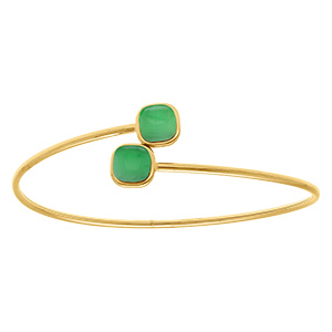 Bracelet en acier dor� jonc ouvert deux carr�s verts imitation oeil de chat - 62mm