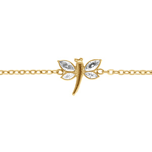 Bracelet en acier dor� libellule par�e d' oxydes blancs -14+5cm