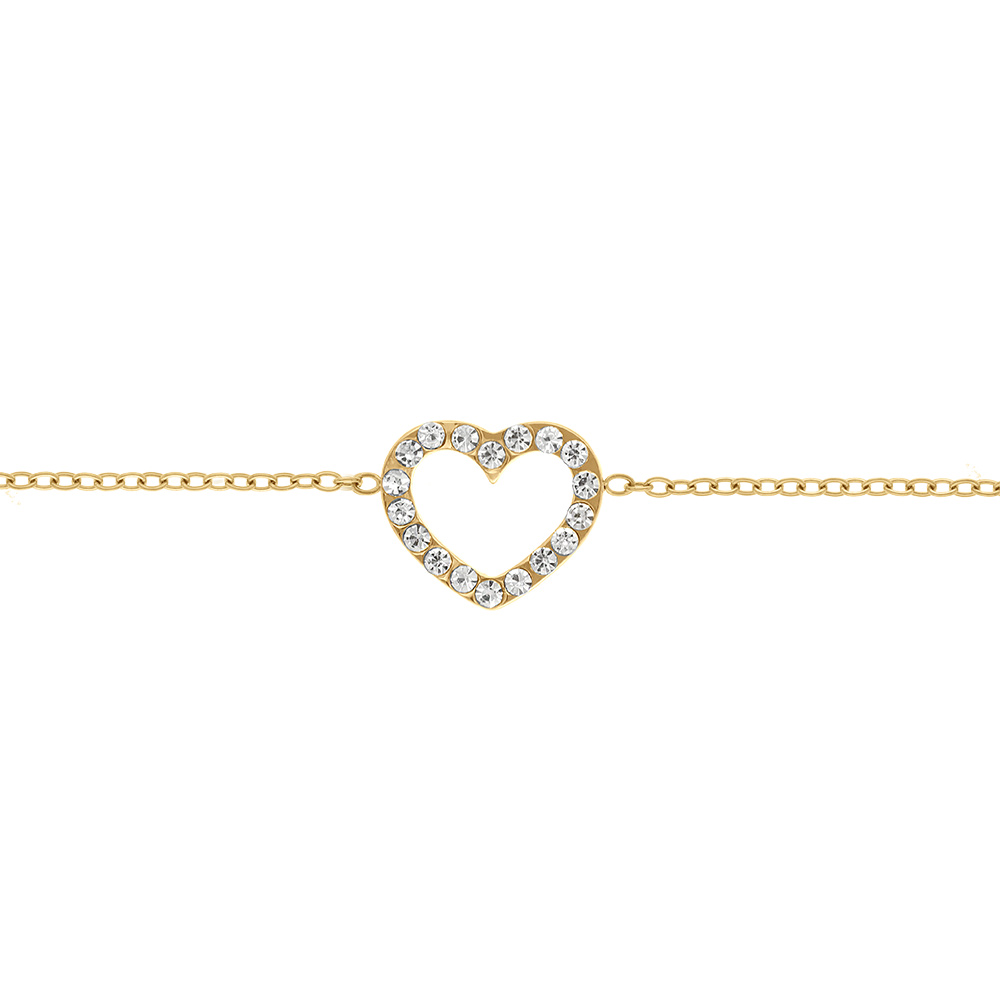 Bracelet en acier dor� maille 1x1 avec coeur contour oxydes blancs 16+3cm - Vue 1