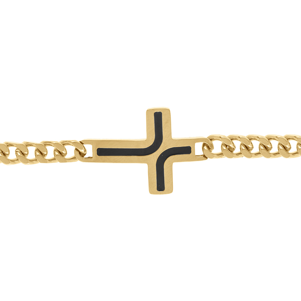 Bracelet en acier dor maille gourmette avec croix rsine noire  - 21cm - Vue 1