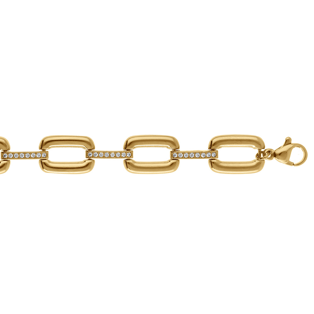 Bracelet en acier dor� maille rectangulaire et barrettes d\'oxydes blancs - 17+5cm - Vue 1