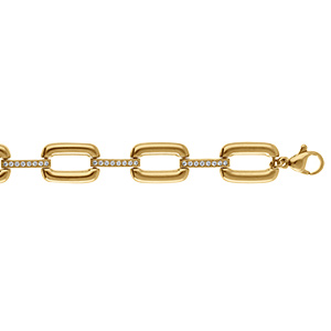 Bracelet en acier dor� maille rectangulaire et barrettes d'oxydes blancs - 17+5cm