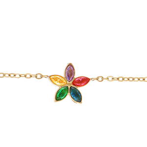 Bracelet en acier dor� motif fleur avec oxydes multi couleurs - 14+5cm