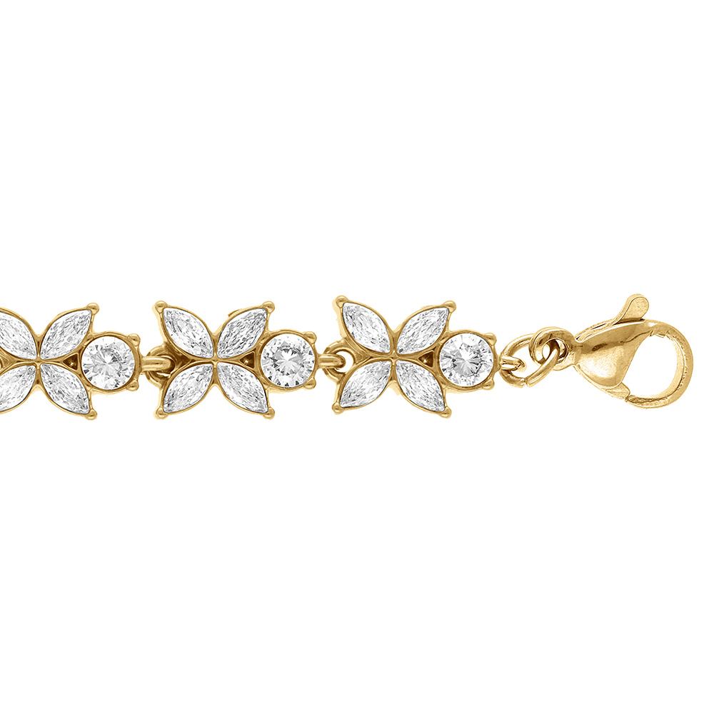 Bracelet en acier dor� multi fleurs orn�es d\'oxydes blancs sertis - 16+3cm - Vue 1