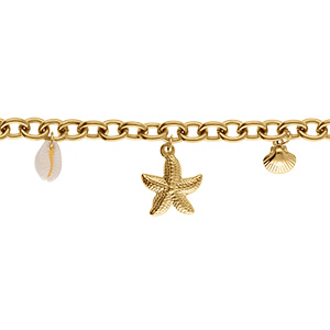 Bracelet en acier dor� pampille coquillage, etoile de mer - 16+5.5cm