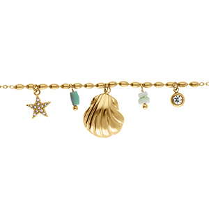 Bracelet en acier dor� pampilles coquillage, �toile de mer avec oxyde blanc serti clos - 16+3cm
