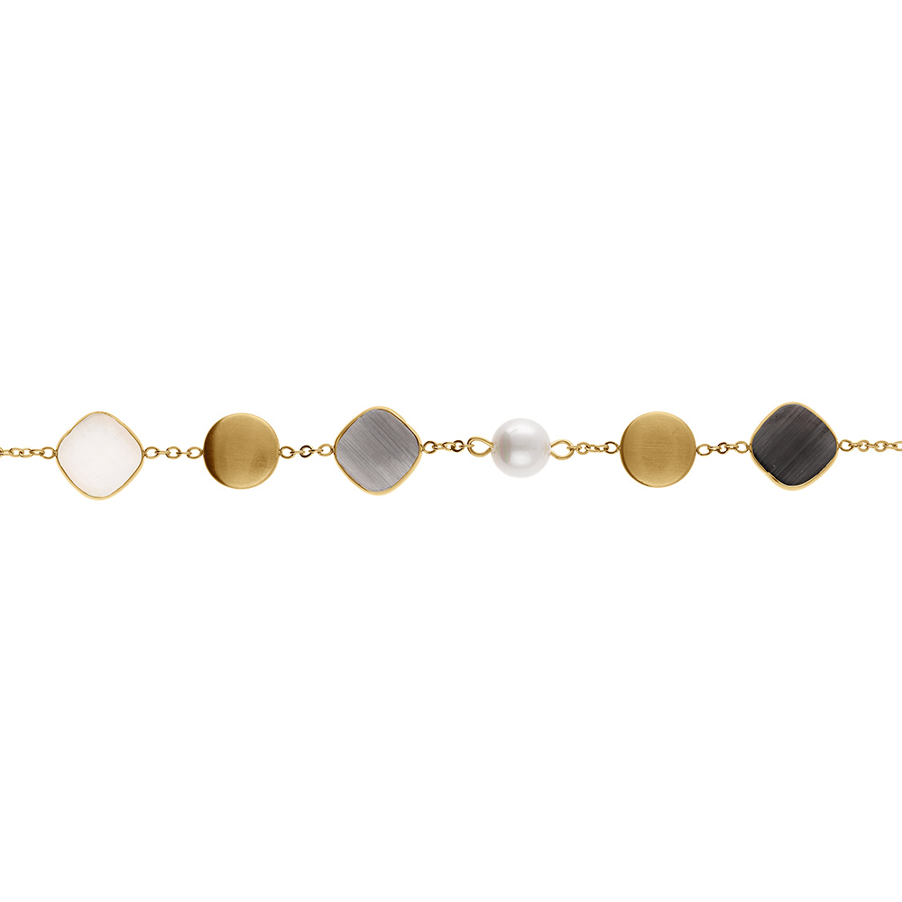 Bracelet en acier dor� pastilles color�es carr� noir oeil de chat et perle blanche imitation - 16+3cm - Vue 1