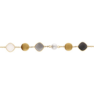 Bracelet en acier dor� pastilles color�es carr� noir oeil de chat et perle blanche imitation - 16+3cm