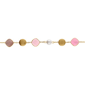 Bracelet en acier dor� pastilles color�es carr� oeil de chat rose et perle blanche imitation -  16+3cm