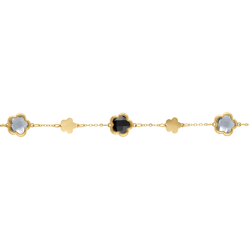 Bracelet en acier dor� pastilles fleur dor�es et oxydes forme fleur noirs et blancs - 16+3cm - Vue 1