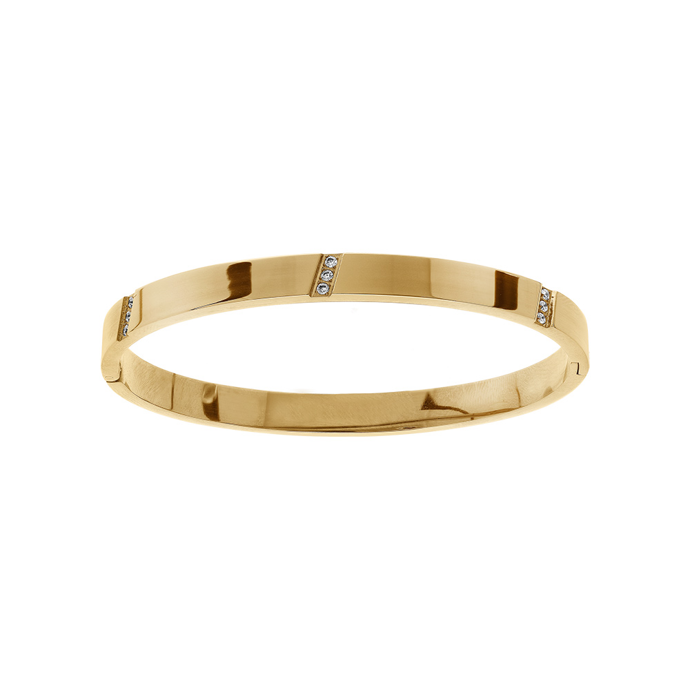 Bracelet en acier dor� rigide 7mm articul�e trois oxydes blancs en biais, 58mm - Vue 1