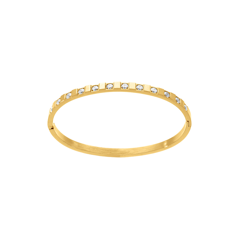 Bracelet en acier dor� rigide articul�e avec oxydes blancs sertis 63x47mm - Vue 1