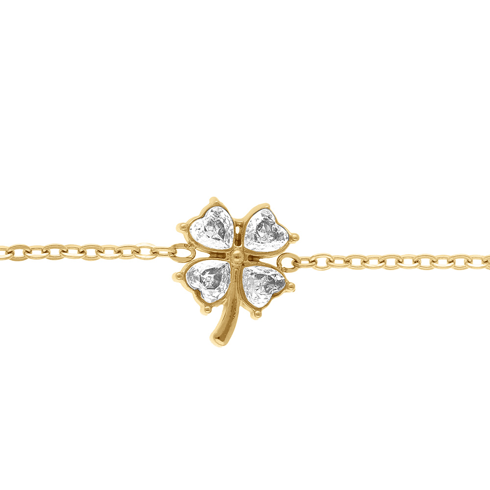 Bracelet en acier dor� tr�fle avec oxydes blancs - 14+5cm - Vue 1