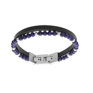 Bracelet en acier double avec cuir noir et perles Sodalite 19cm et double fermoir 20,5cm - Vue 1